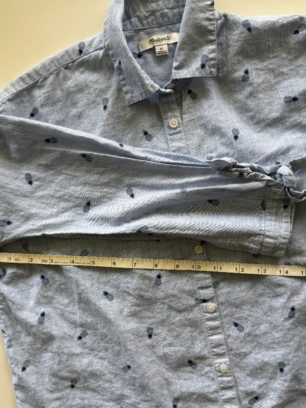 Madewell Shrunken Trapeze Shirt XS Blue Pineapple Print Button Down Tie Sleeve - Picture 5 of 9
